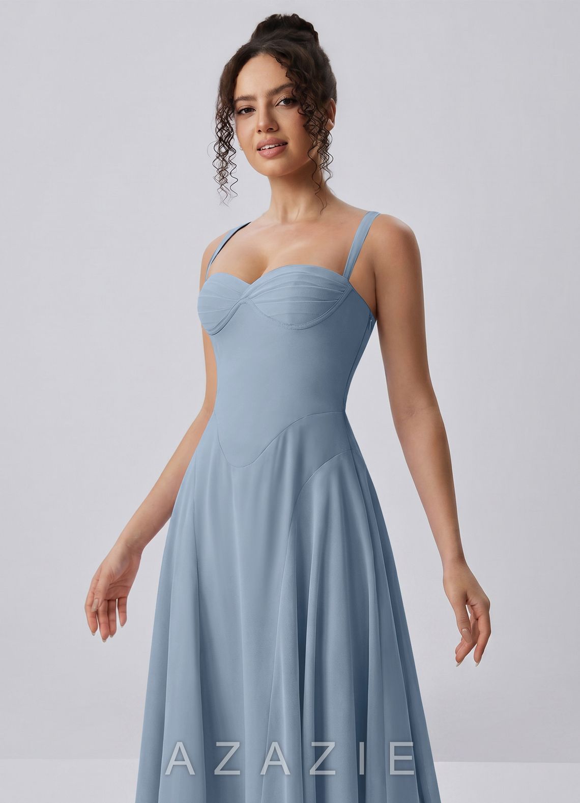 Huguette Dusty Blue Sweetheart Lace-Up Chiffon Midi Dress
