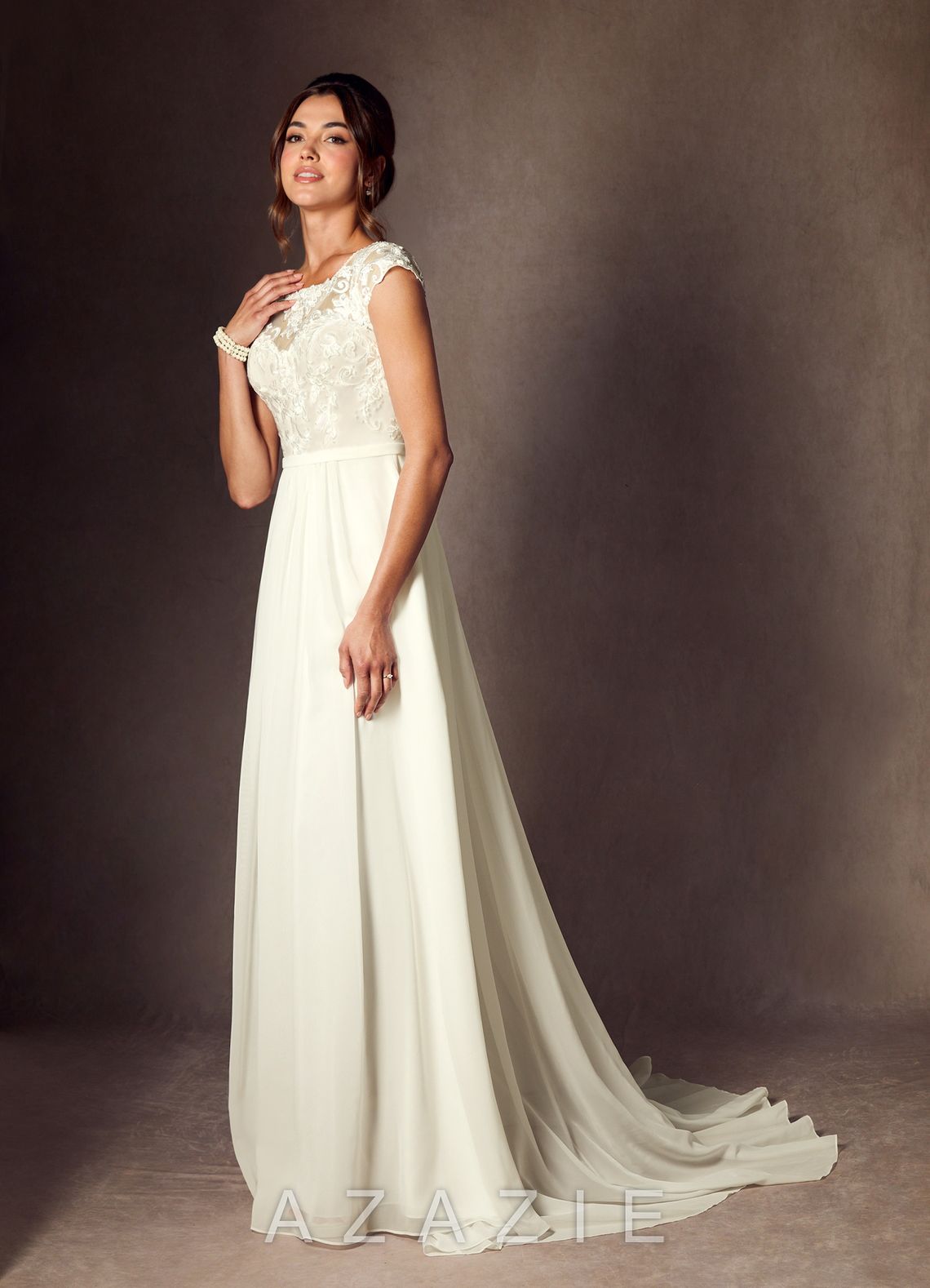 Azazie Brynslee Wedding Dress Cream A-Line Scoop Sequins Chiffon Dress cream