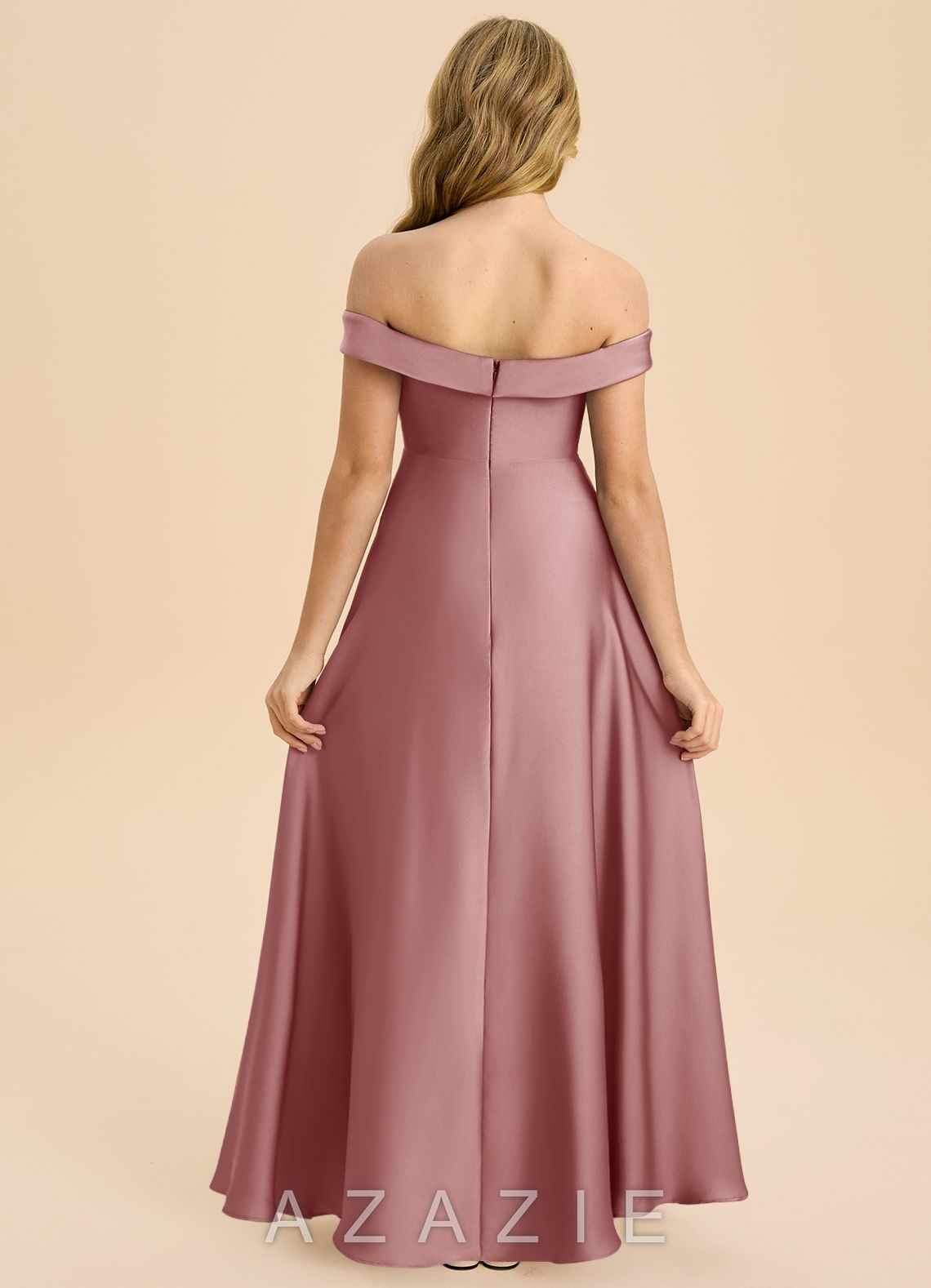 Azazie Sissy Junior Dusty Rose A-Line Off the Shoulder Stretch Satin Dress dusty_rose