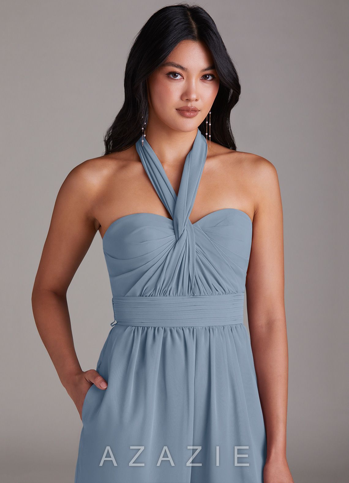 Azazie Lamara Dusty Blue Off the Shoulder Chiffon Convertible Jumpsuit dusty_blue