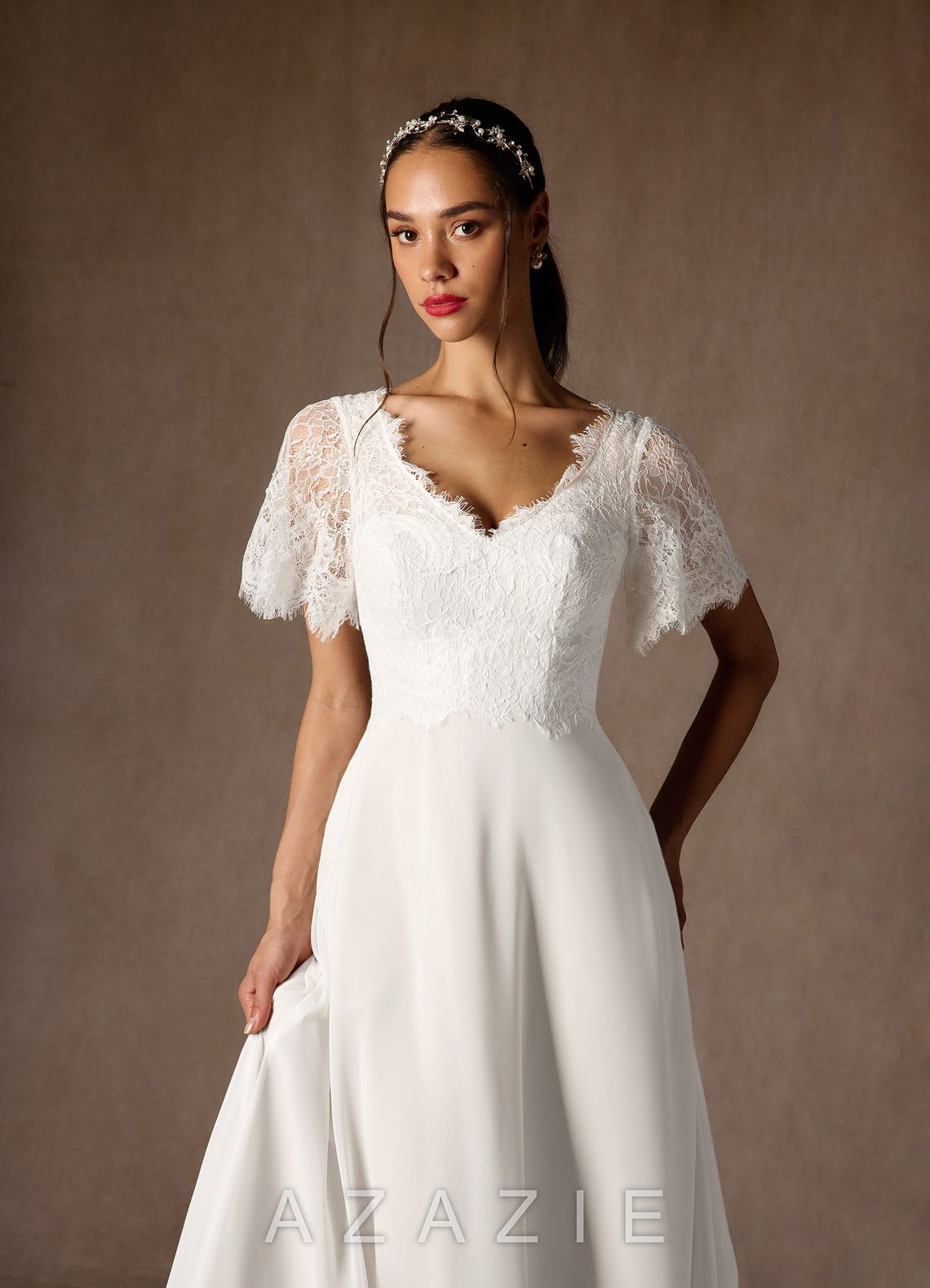 Azazie Veradis Wedding Dress Diamond White A-Line V-Neck lace Chiffon Dress diamond_white