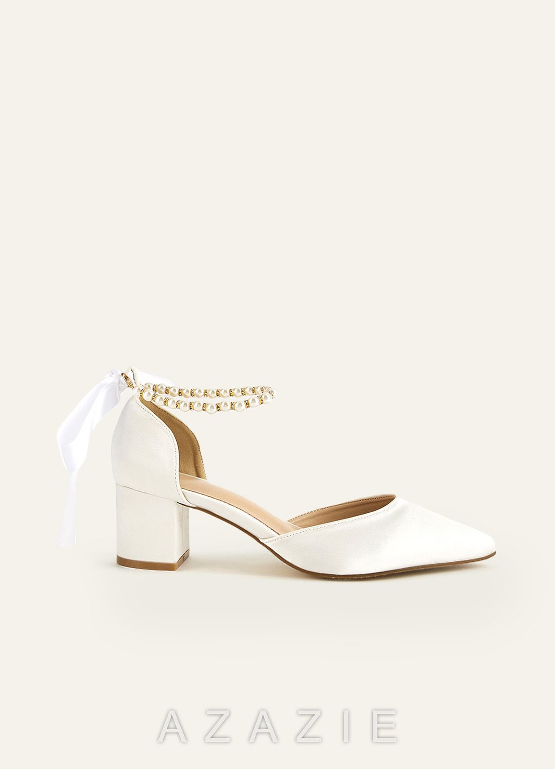 Satin Pearl and Bow Pointed Toe Block Heels