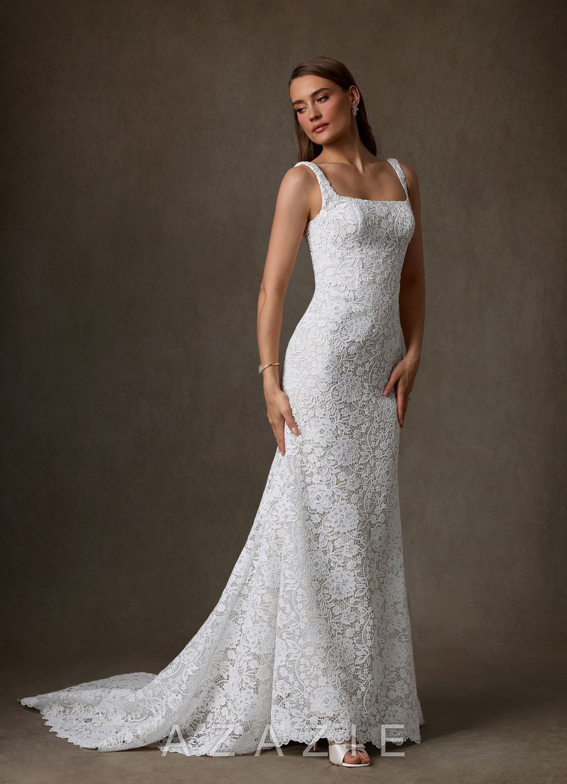 Azazie Amara Diamond White Mermaid Square Neckline Lace Dress diamond_white