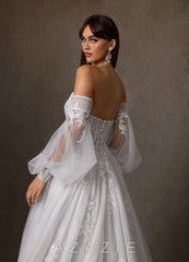 Azazie Elowyn Diamond White Ball-Gown Strapless Lace Dress diamond_white