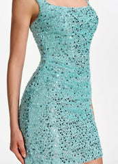 Sylvestrina Lake Blue Beading Sequin Embroidery Stretch Tulle Square-Neck Tank M