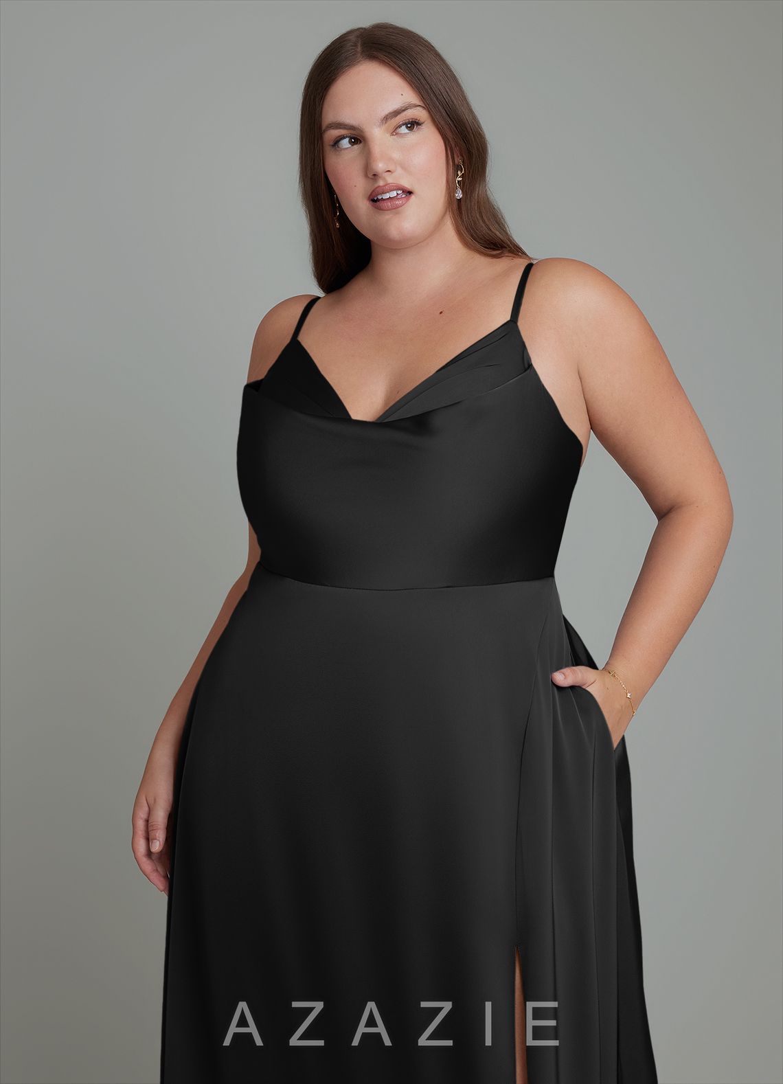 Azazie Sarella Black A-Line Pleated Stretch Satin Dress black
