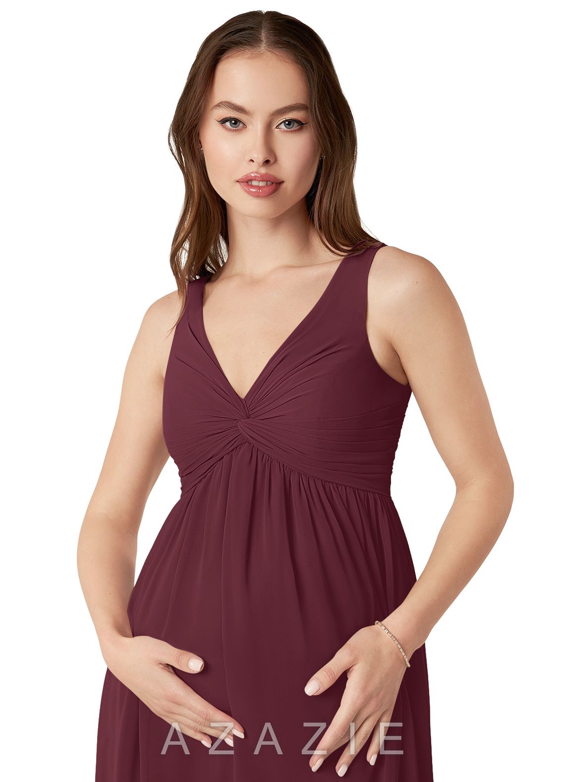 Azazie Yetta A-Line V-Neck Gathered Chiffon Floor-Length Dress
