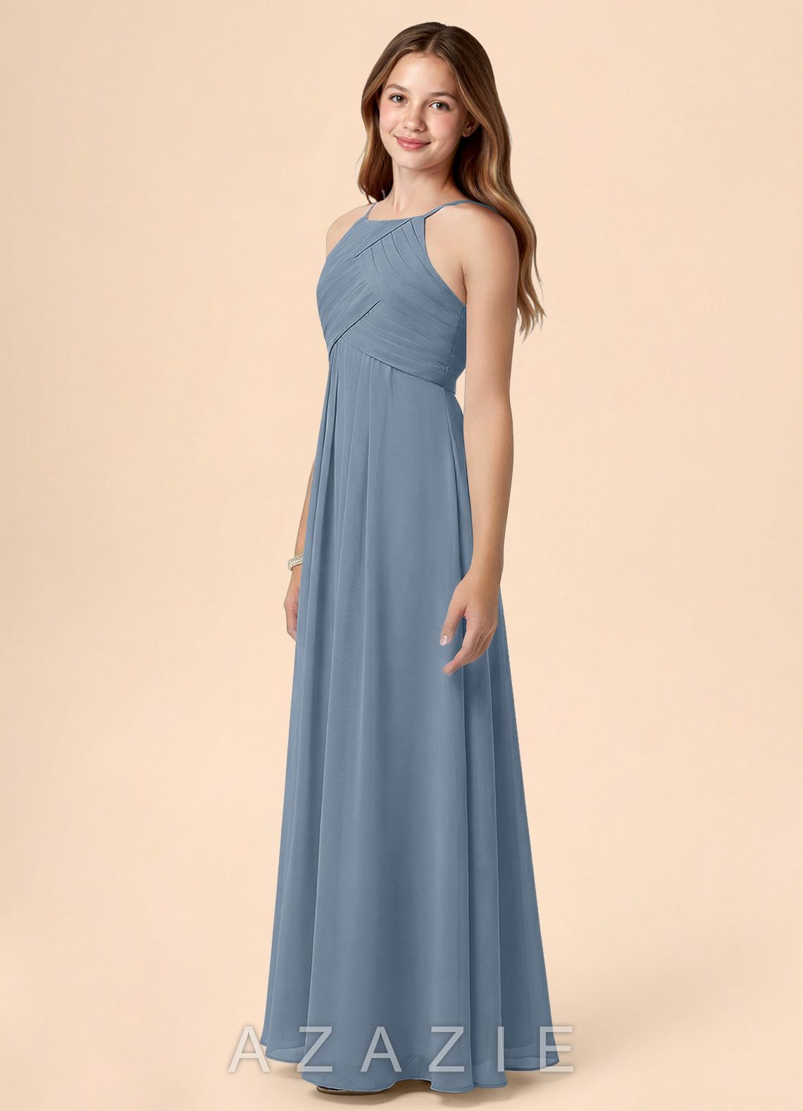 Azazie Ginny Junior Dusty Blue A-Line Pleated Chiffon Dress dusty_blue