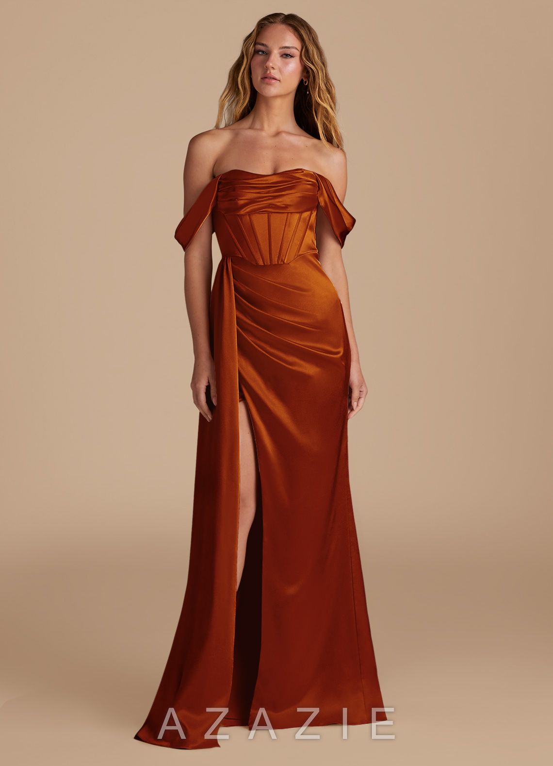 Azazie Amyra Auburn Mermaid Sweetheart Neckline Metallic Satin Convertible Dress auburn