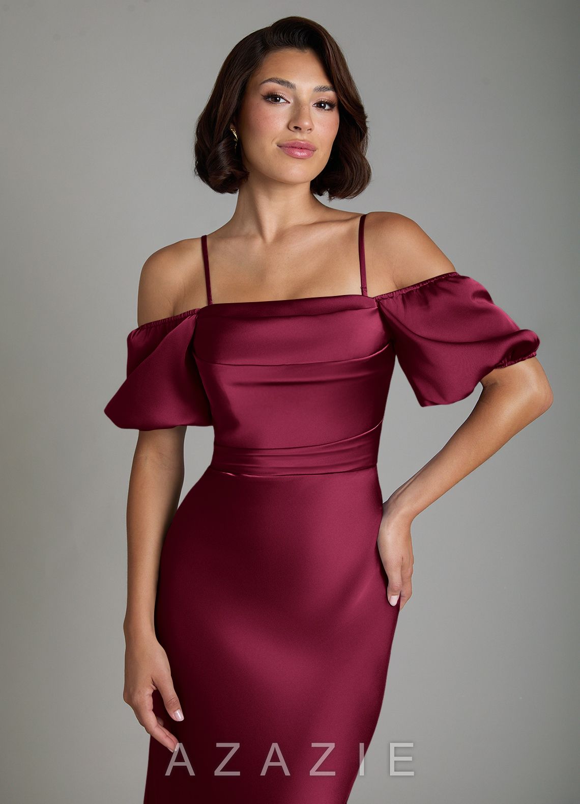 Azazie Lea Burgundy Mermaid Off the Shoulder Stretch Satin Convertible Dress burgundy
