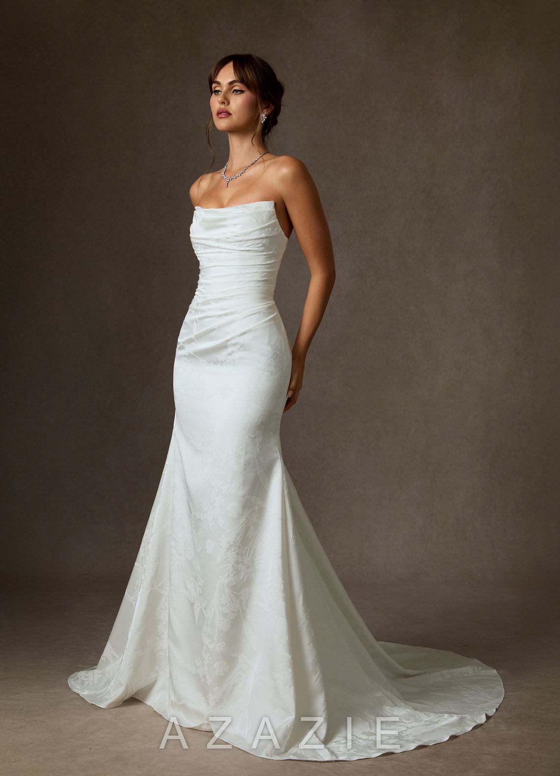 Azazie Elyse Diamond White Mermaid Strapless Floral Jacquard Dress