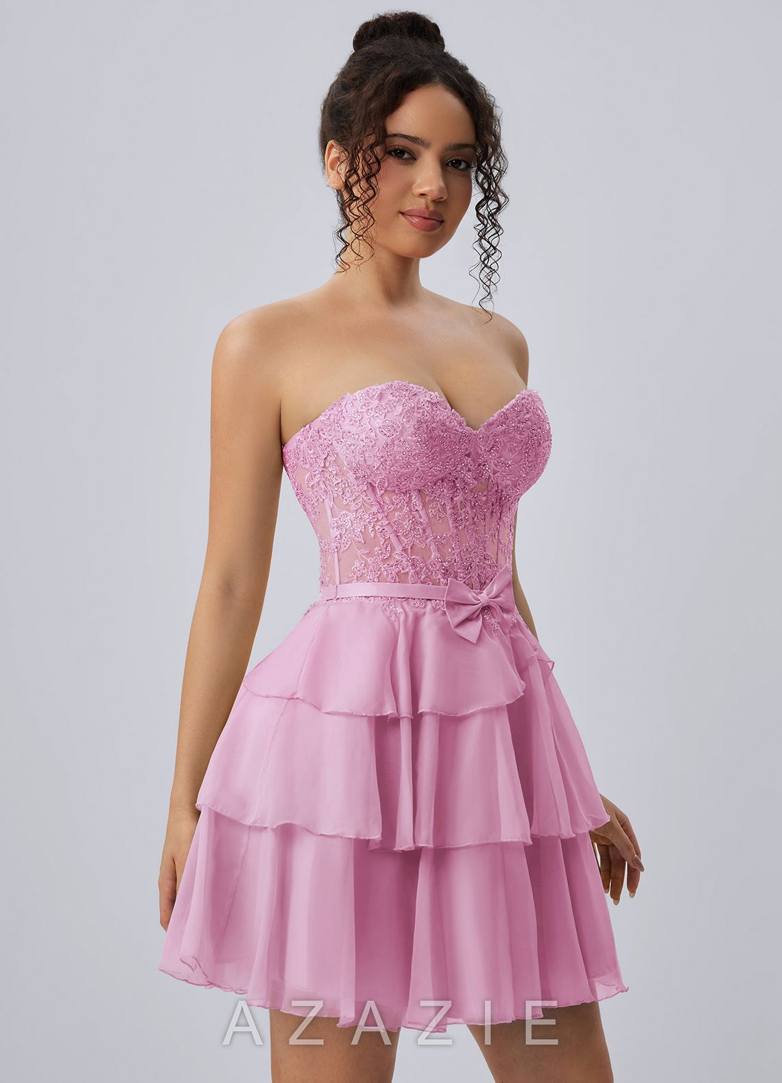 Aurelianna Pink Lace Rhinestone Ruffles Chiffon Corset Mini Dress