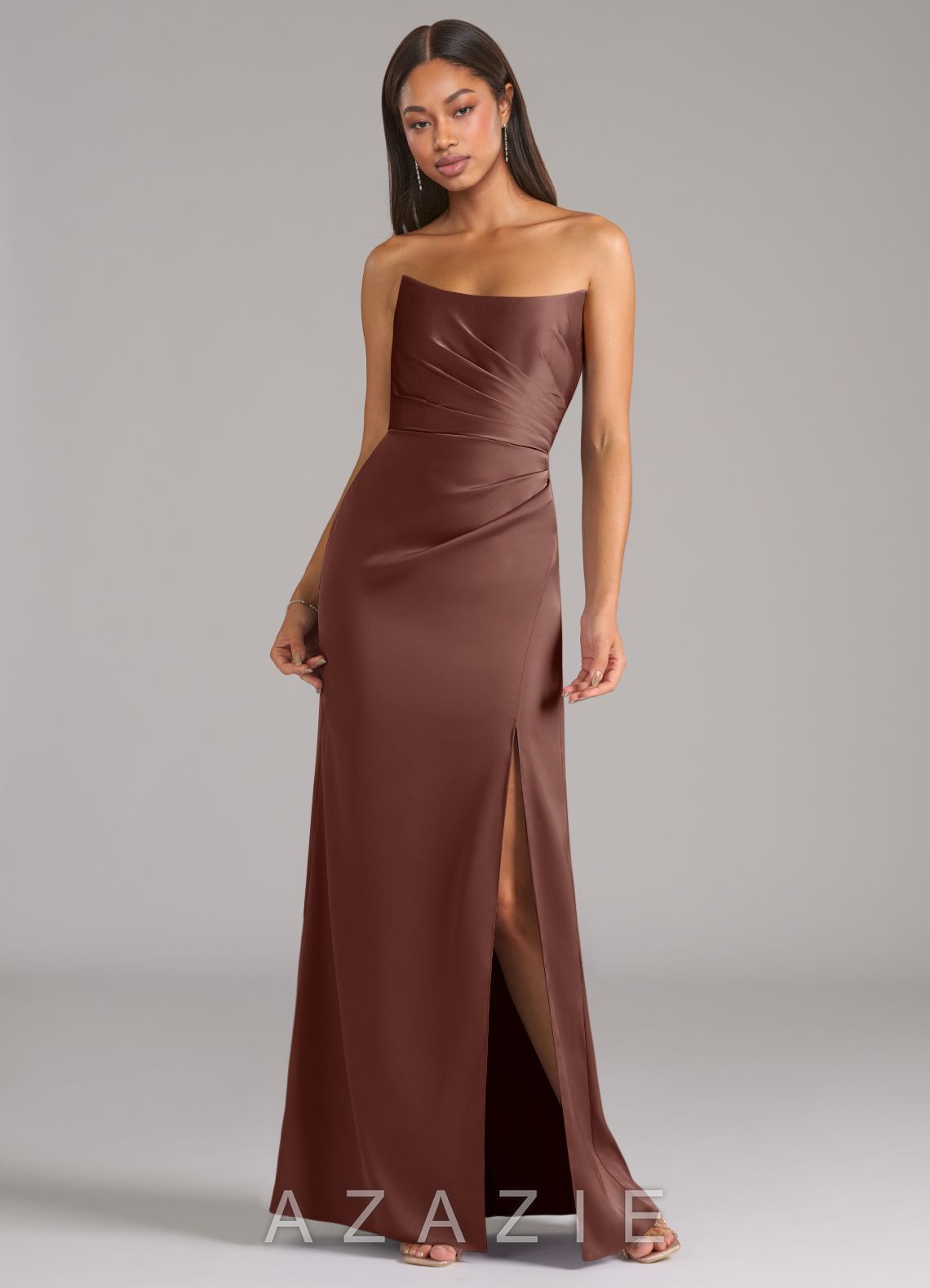 Azazie Marla Espresso Sheath Strapless Stretch Satin Convertible Dress espresso