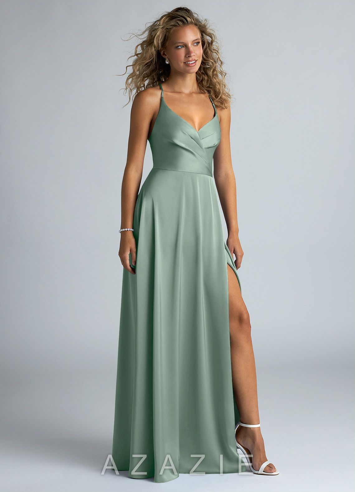 Azazie Davis Agave A-Line Pleated Stretch Satin Dress agave