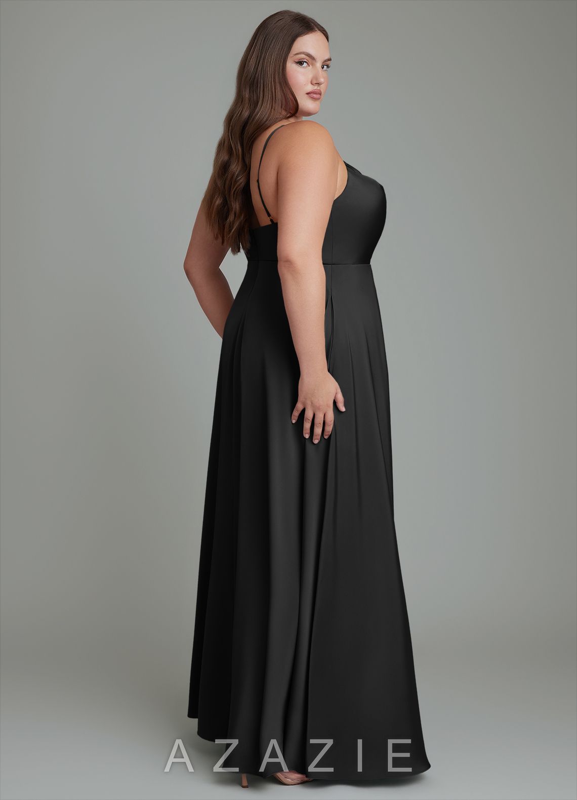 Azazie Sarella Black A-Line Pleated Stretch Satin Dress black