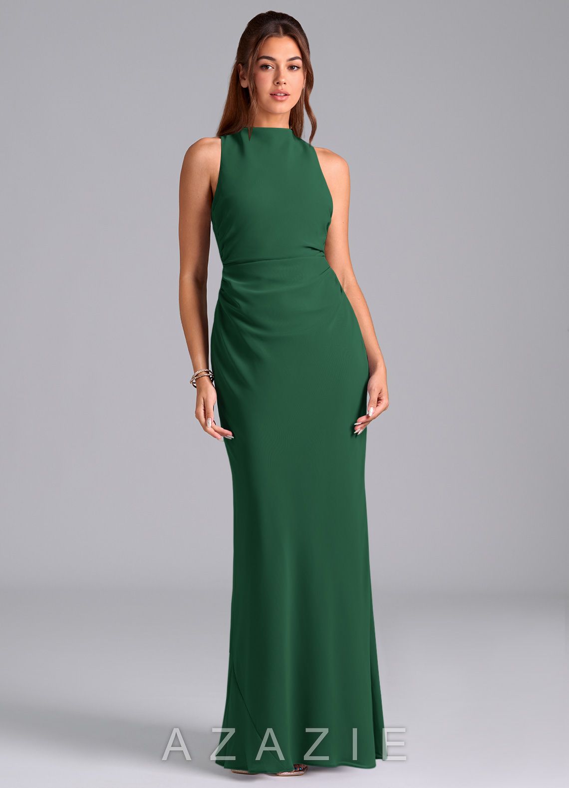Azazie Evadne Dark Green Sheath Pleated Chiffon Dress dark_green