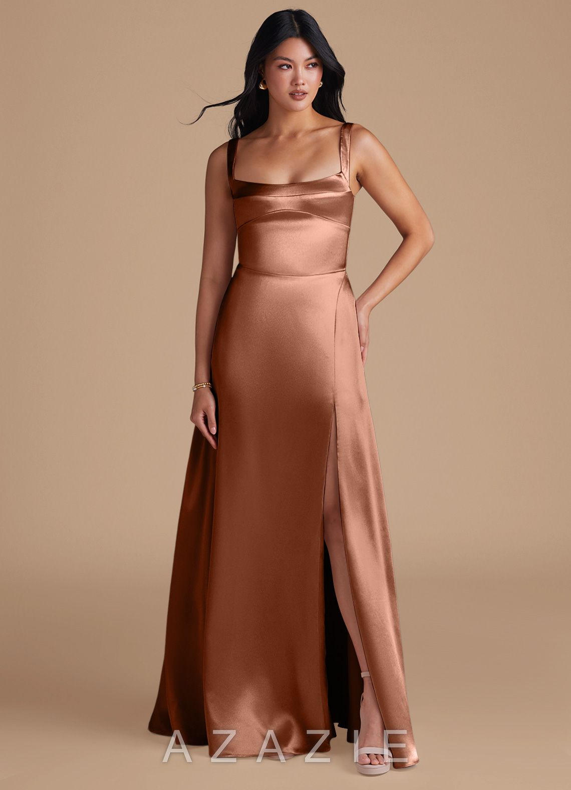 Azazie Hope Bronzer A-Line with Pockets Metallic Satin Dress bronzer