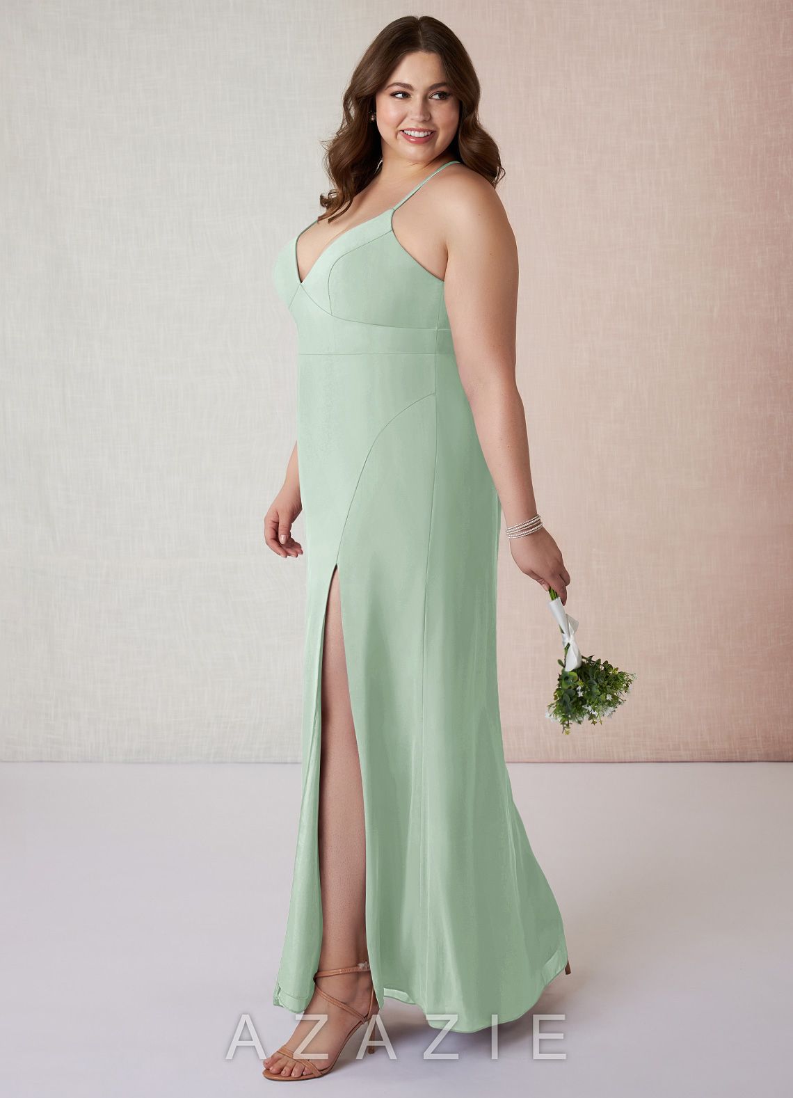 Azazie Becca Agave Sheath V-Neck Chiffon Dress agave