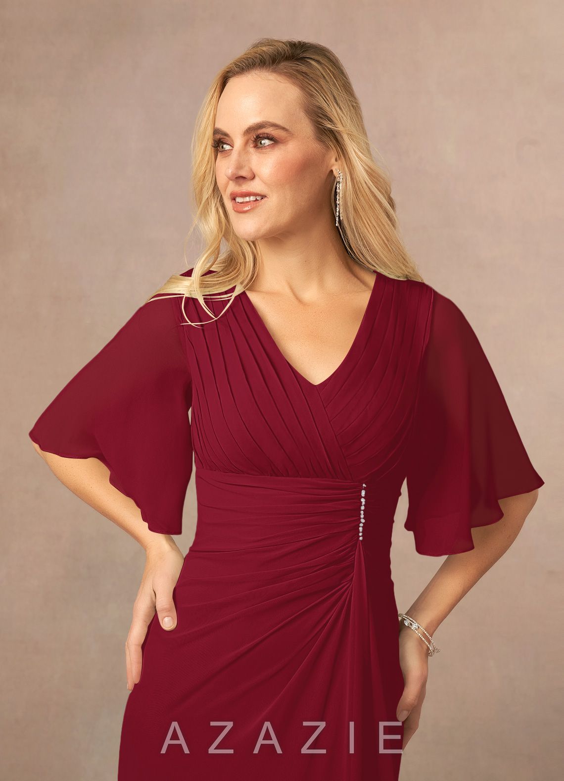Azazie Carson Burgundy A-Line V-Neck Lace Chiffon Dress burgundy