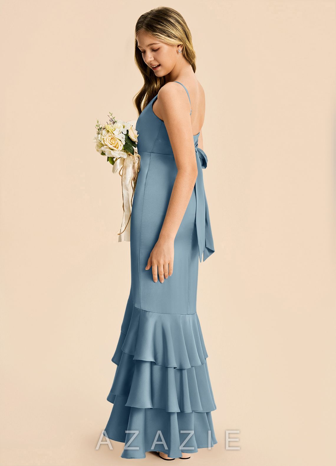Azazie Fay Junior Dusty Blue Mermaid Ruched Stretch Satin Dress dusty_blue