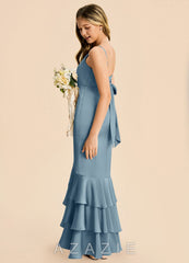 Azazie Fay Junior Dusty Blue Mermaid Ruched Stretch Satin Dress dusty_blue