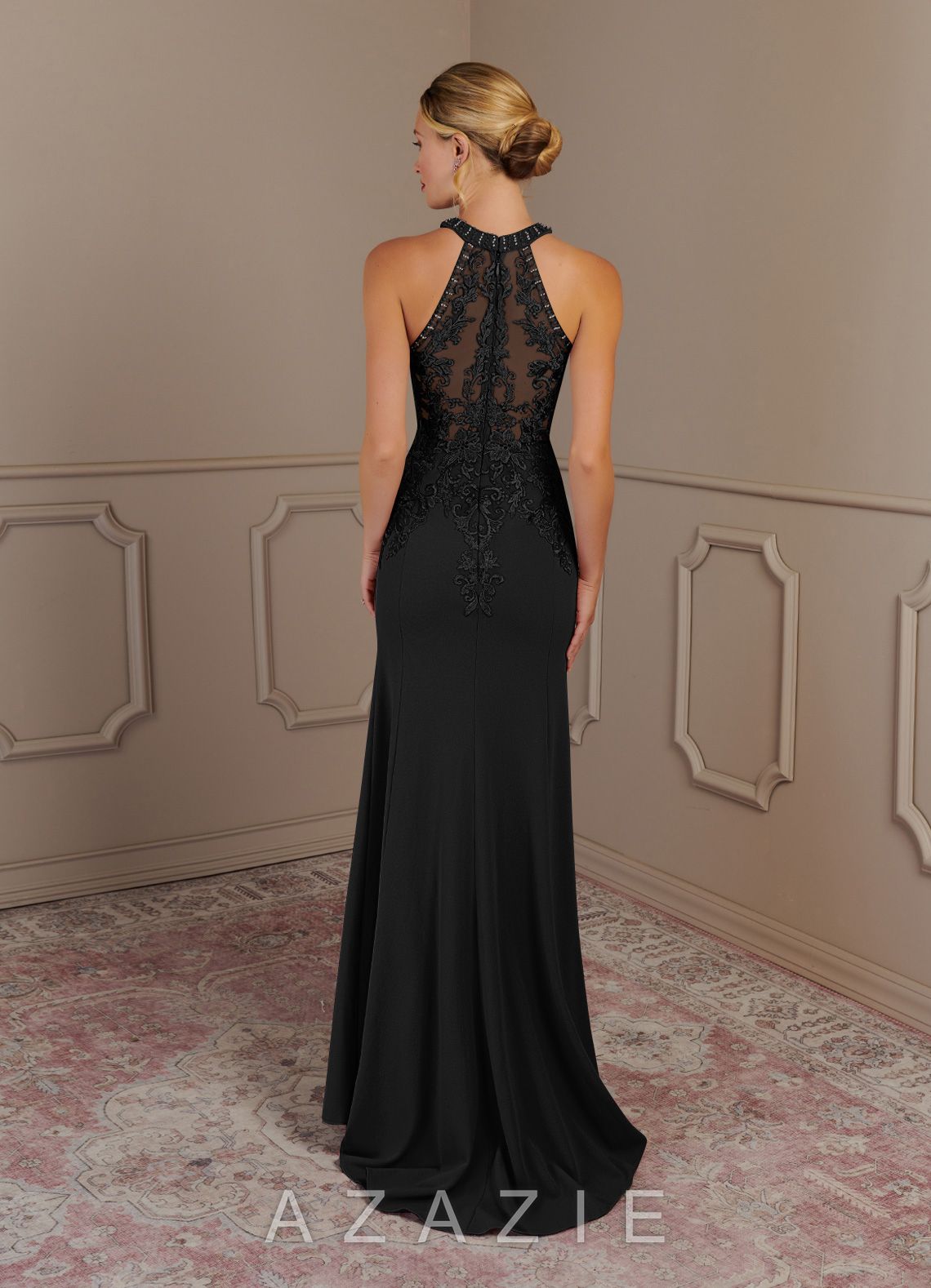 Azazie Tyra Black Mermaid Halter Lace Stretch Crepe Dress black