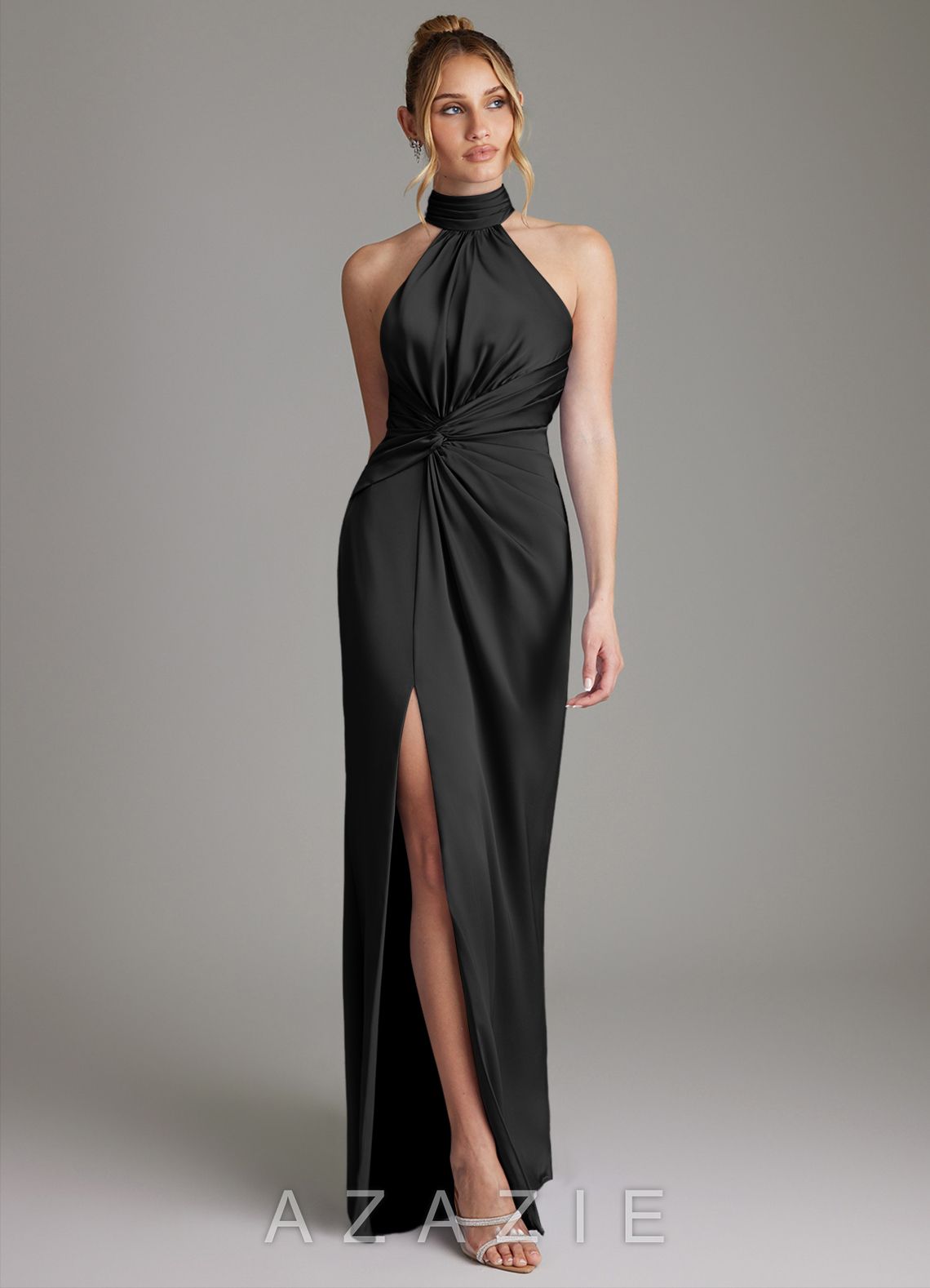 Azazie Gracelynn Black Sheath Pleated Stretch Satin Dress
