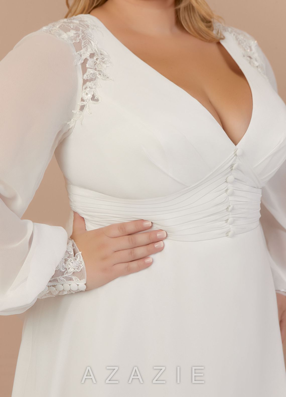 Azazie Amila Wedding Dress Diamond White A-Line V-Neck Lace Chiffon Dress