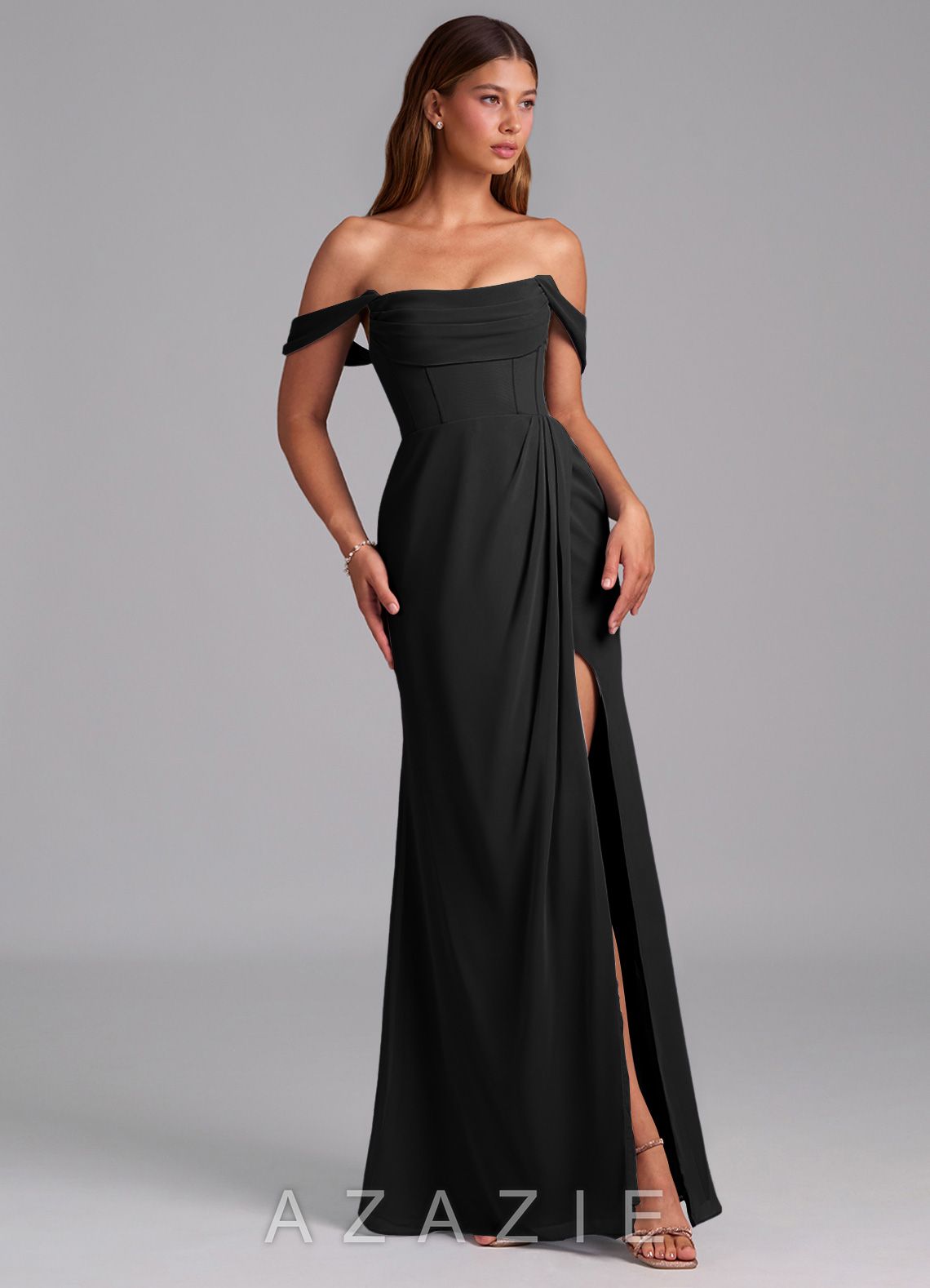 Azazie Johana Black Mermaid Off the Shoulder Chiffon Convertible Dress black