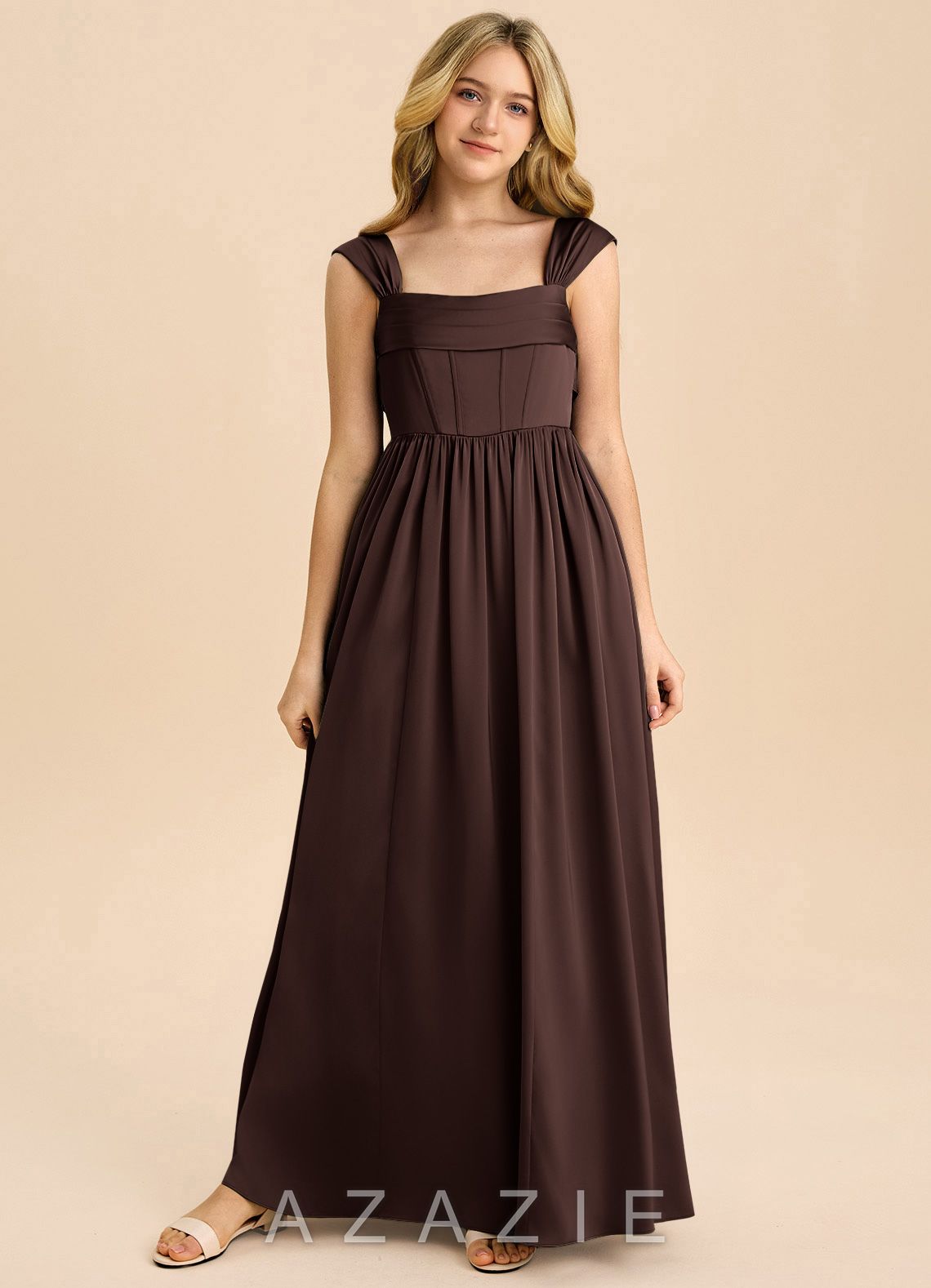 Azazie Hattie Junior Ganache A-Line Pleated Stretch Satin Dress ganache