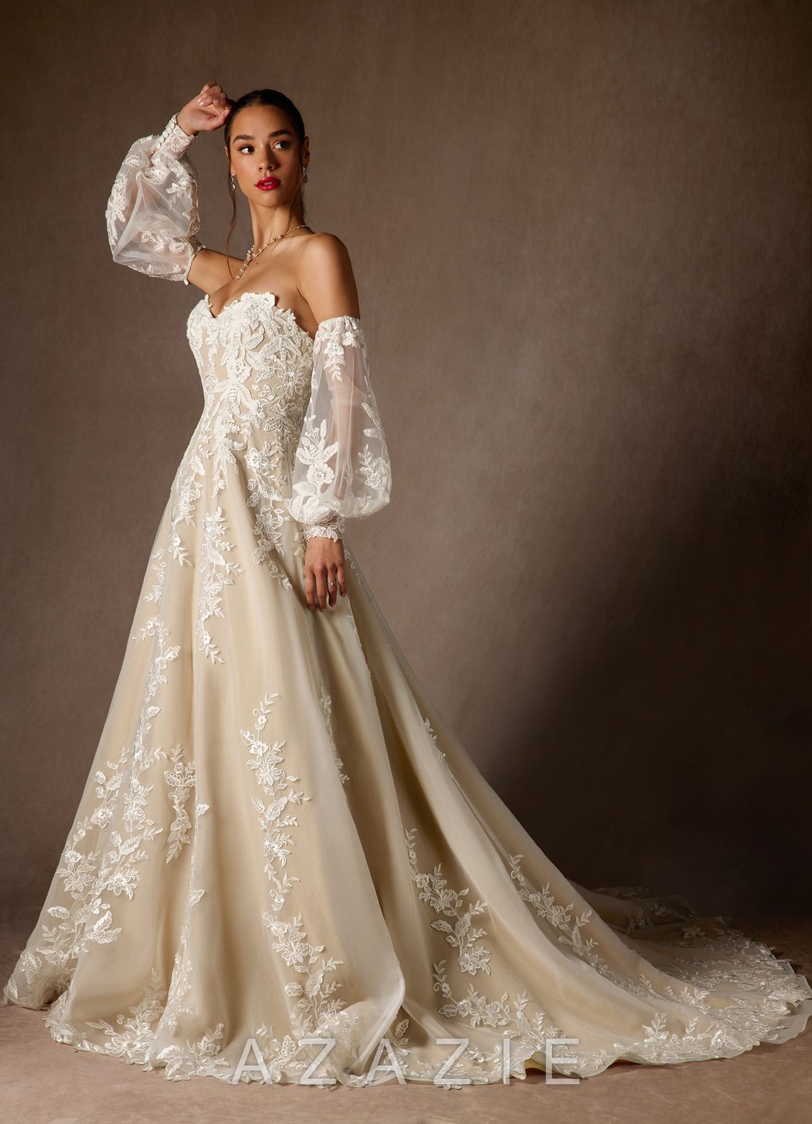 Azazie Madeleine Diamond White Champagne Ball-Gown Strapless Lace Dress