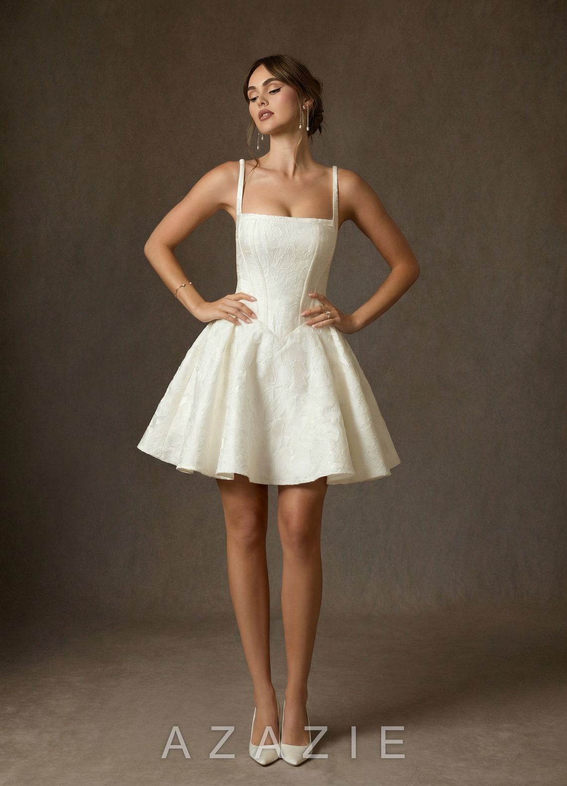 Azazie Daisley Antique White A-Line with Pockets Floral Jacquard Dress