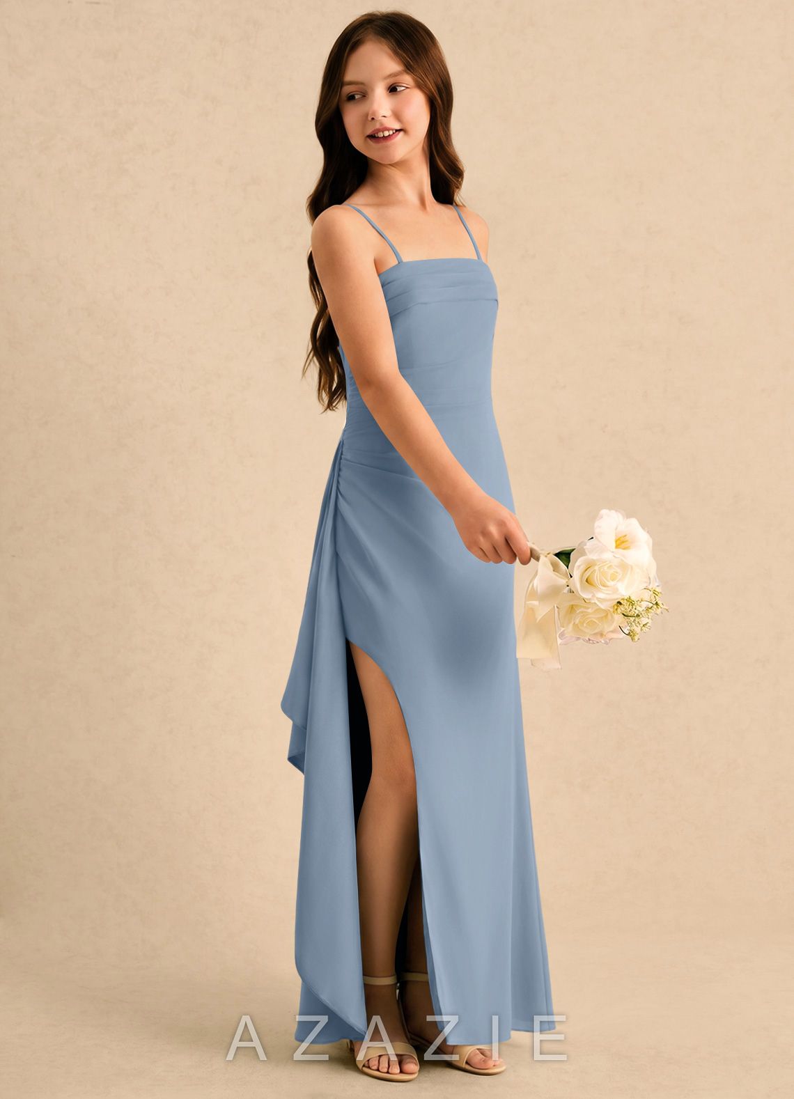 Azazie Jennie Girls Formal Dusty Blue A-Line Pleated Chiffon Dress dusty_blue