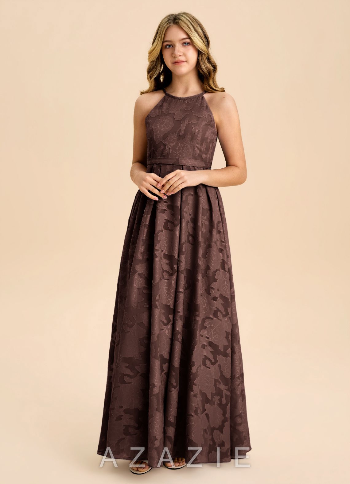 Azazie Arianthe Junior Ganache A-Line Pleated Floral Burnout Dress ganache