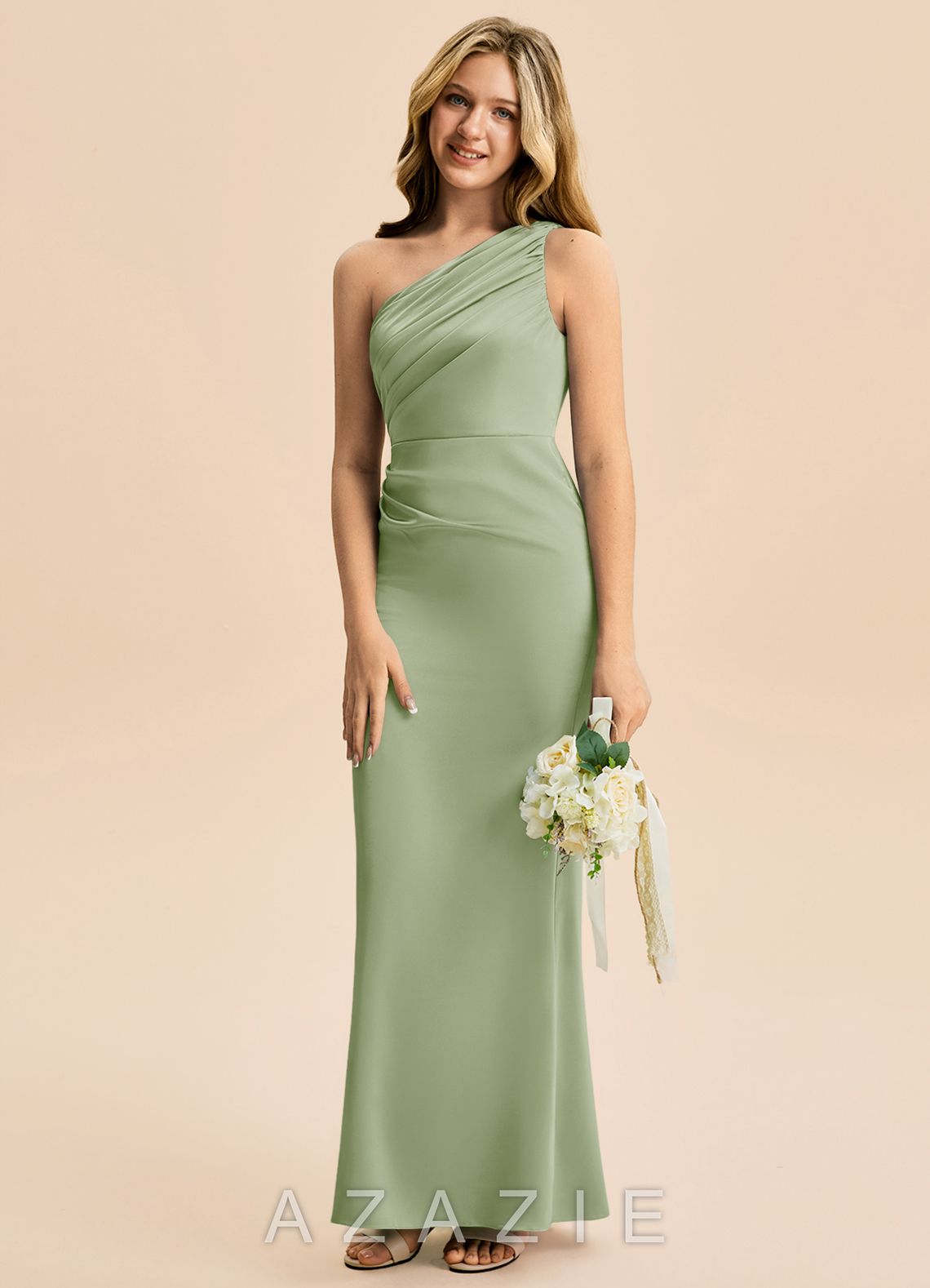 Azazie Akilah Junior Dusty Sage Sheath Pleated Stretch Satin Dress dusty_sage