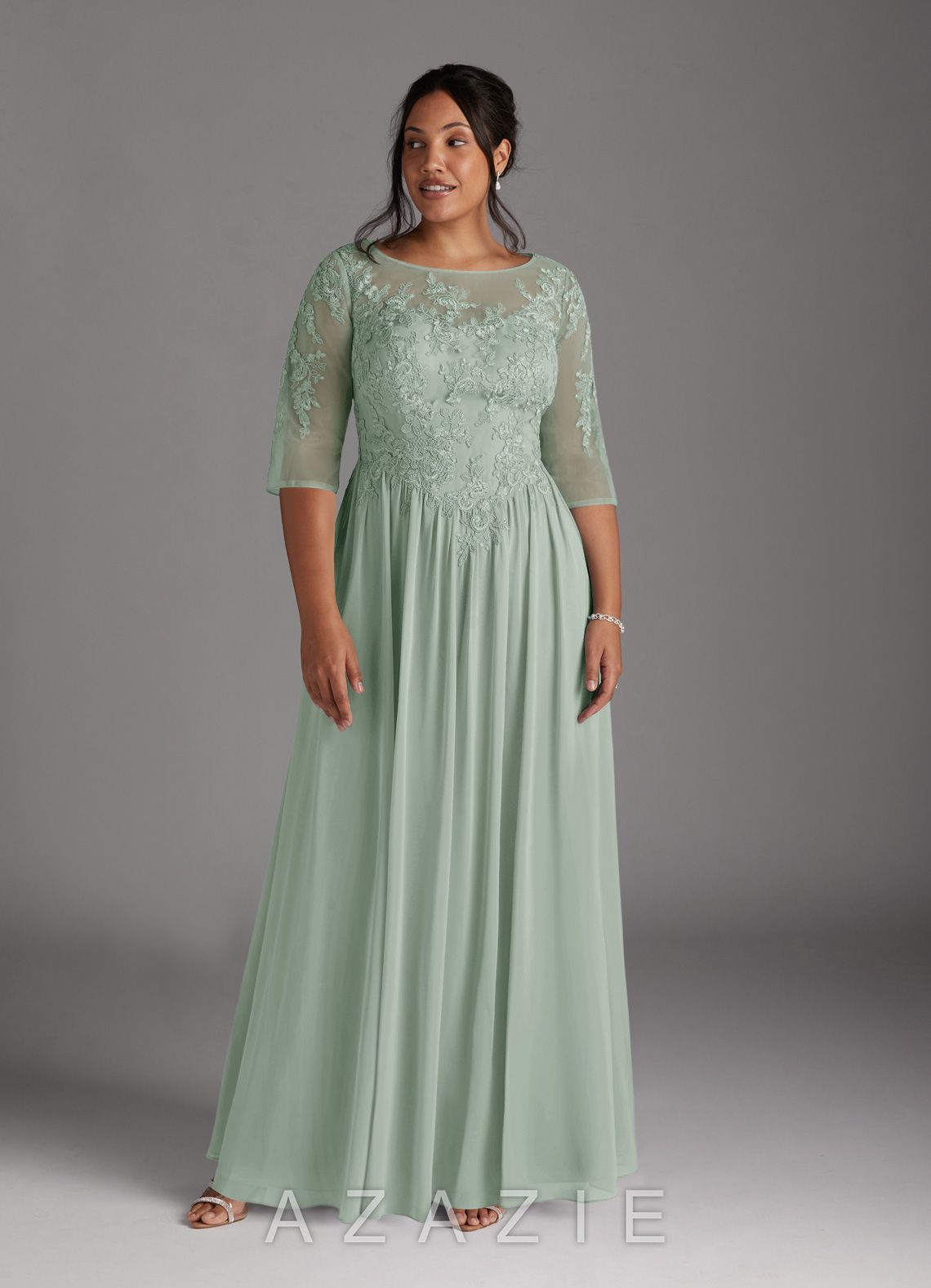 Azazie Mirielle Agave A-Line Scoop Lace Chiffon Dress agave