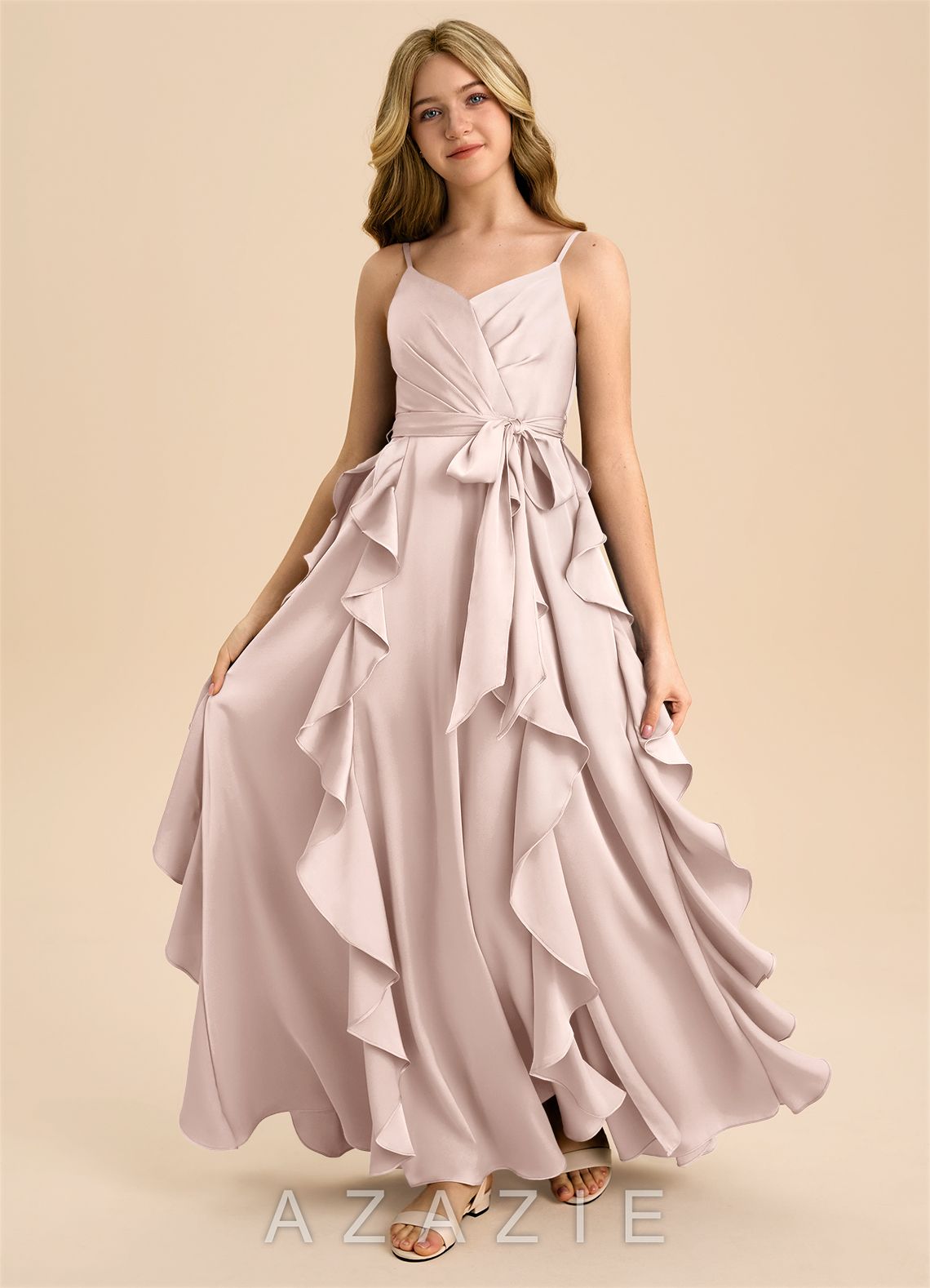 Azazie Peyton Junior Blushing Pink A-Line Pleated Stretch Satin Dress blushing_pink