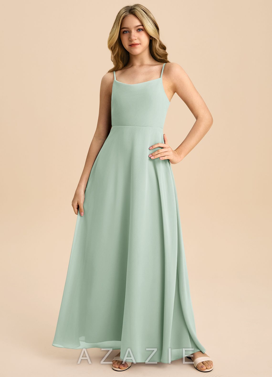 Azazie Shale Junior Agave A-Line Bow Chiffon Dress agave