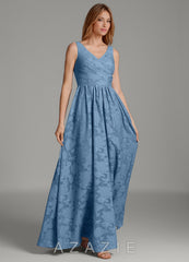Azazie Keyla Steel Blue A-Line Pleated Floral Burnout Dress steel_blue
