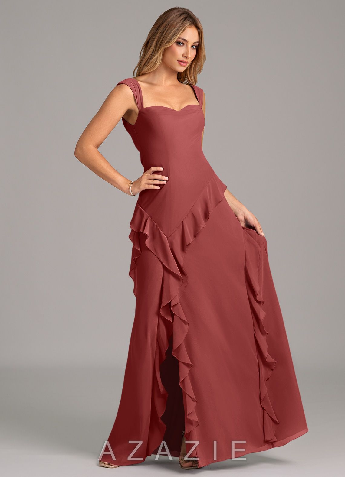 Azazie Sloane Terracotta A-Line Sweetheart Neckline Chiffon Dress terracotta