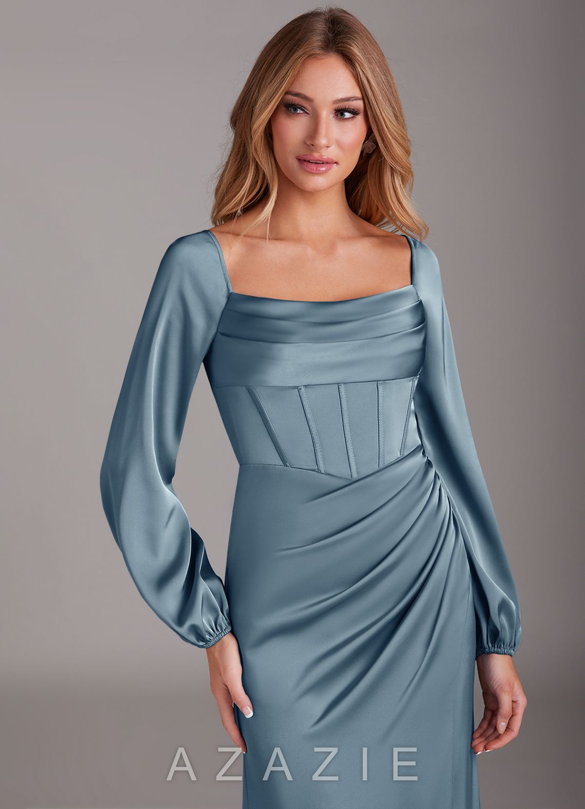 Azazie Charissa Dusty Blue Sheath Long Sleeve Stretch Satin Dress dusty_blue