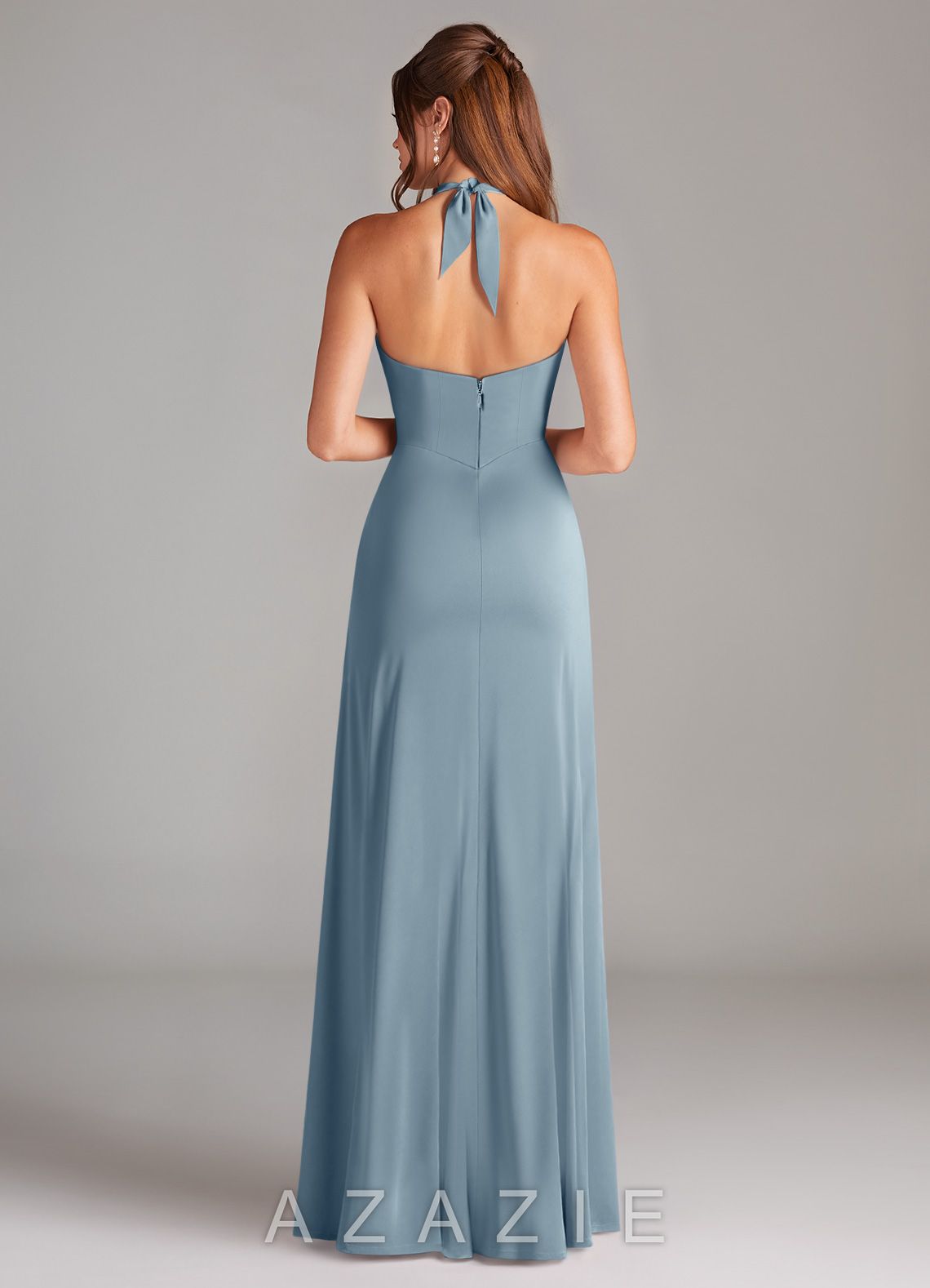 Azazie Elliana Dusty Blue Sheath Side Slit Stretch Satin Dress dusty_blue
