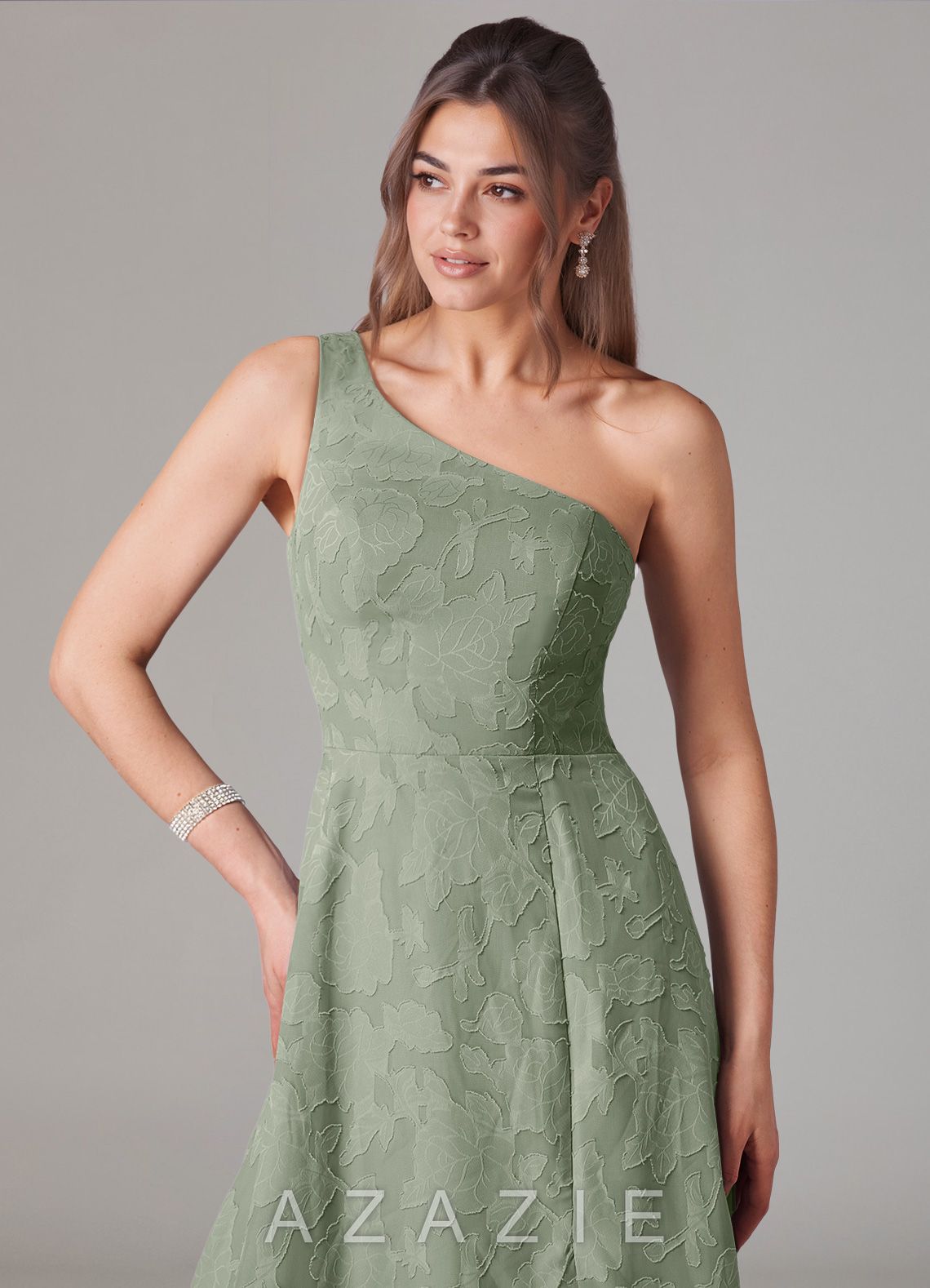 Azazie Ellianna Agave A-Line One Shoulder Floral Burnout Dress agave