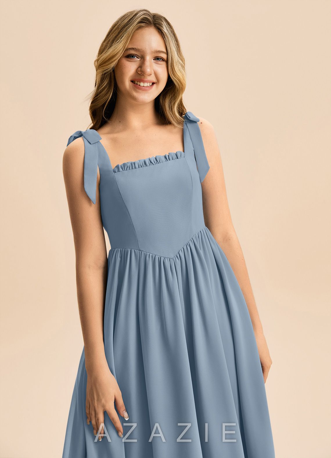 Azazie Delia Junior Dusty Blue A-Line Bow Chiffon Dress dusty_blue