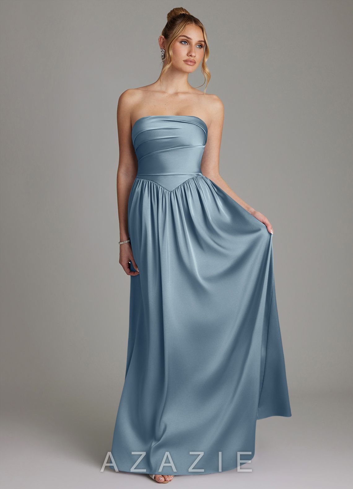 Azazie Zena Dusty Blue A-Line Strapless Stretch Satin Dress dusty_blue