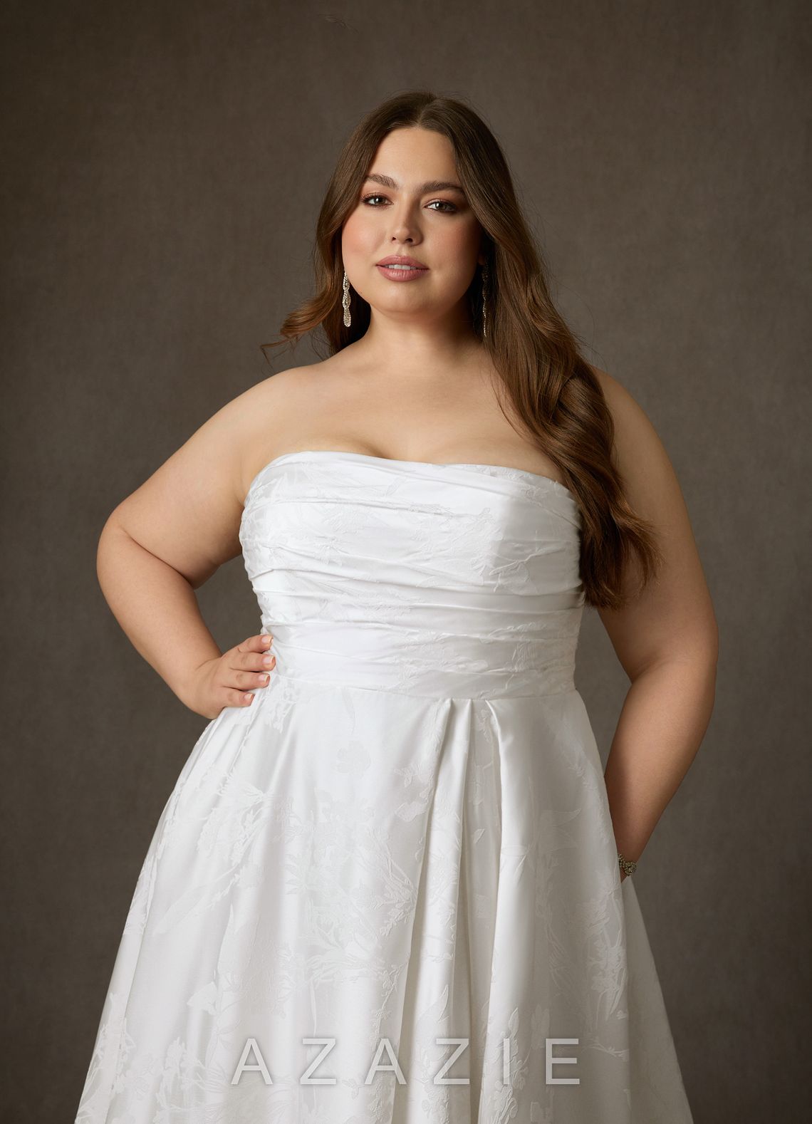 Azazie Daliah Diamond White A-Line Strapless Floral Jacquard Dress