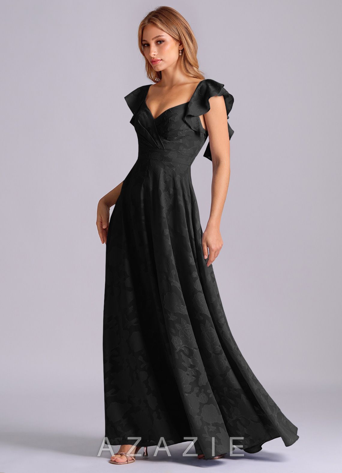 Azazie Leilani Black A-Line Sweetheart Neckline Floral Burnout Dress black