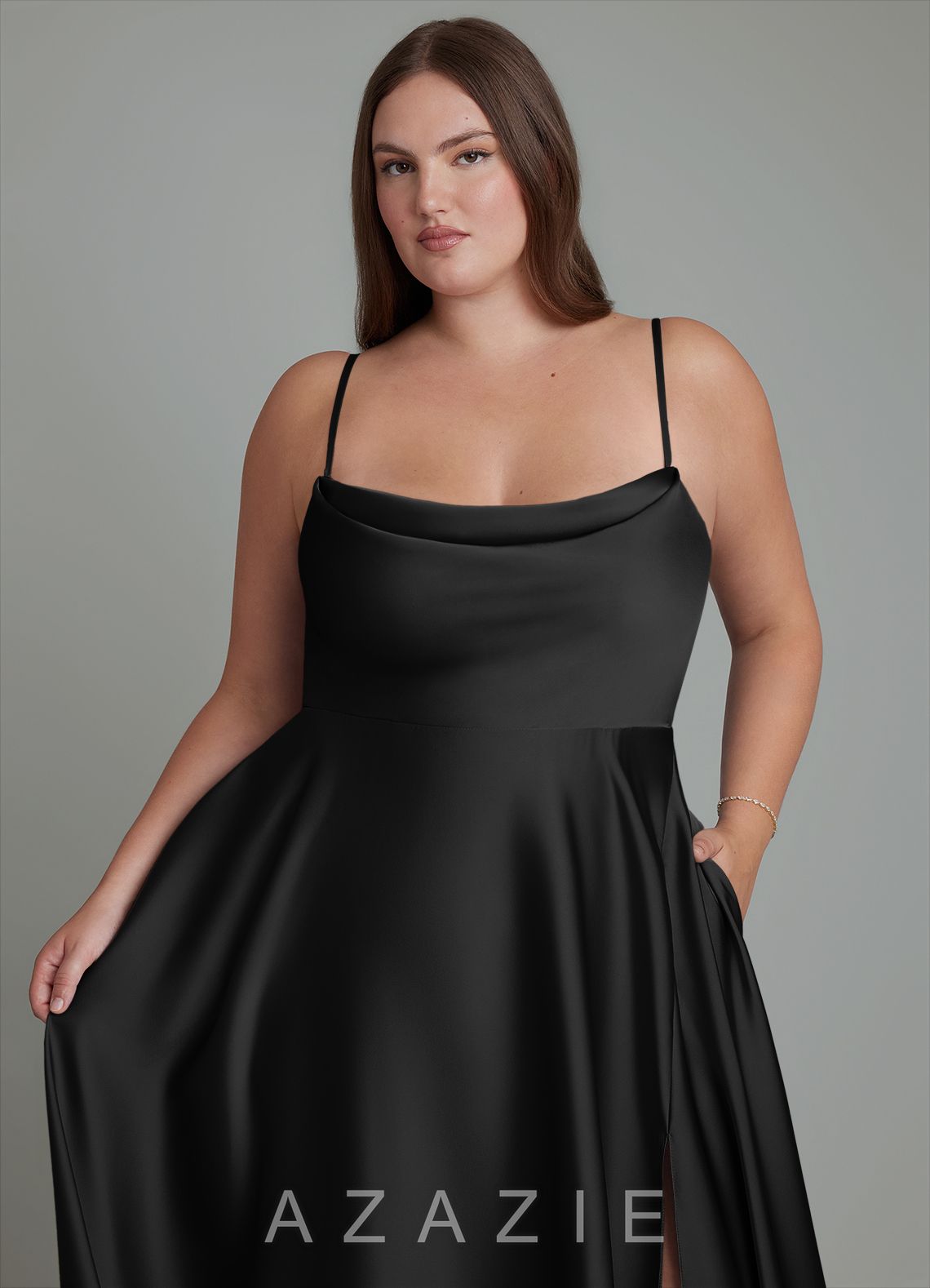 Azazie Elle Black A-Line Pleated Stretch Satin Dress black