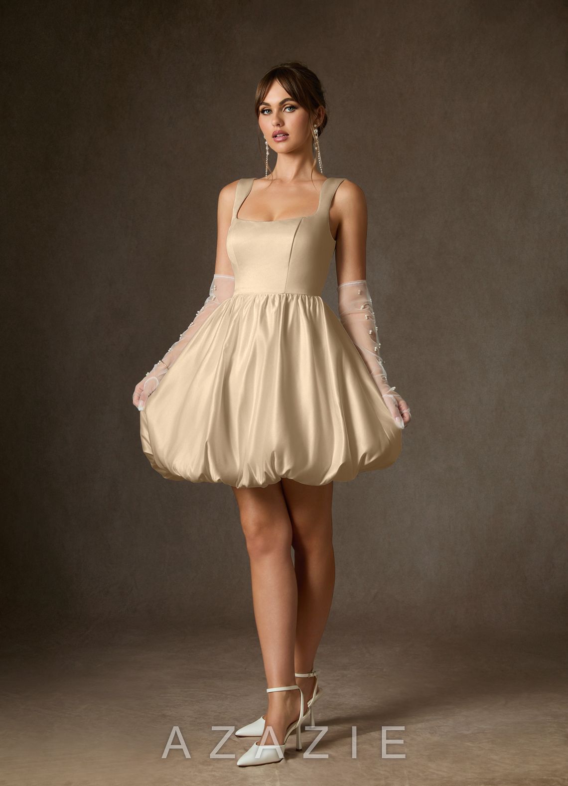 Azazie Blossom Champagne A-Line with Pockets Satin Dress champagne