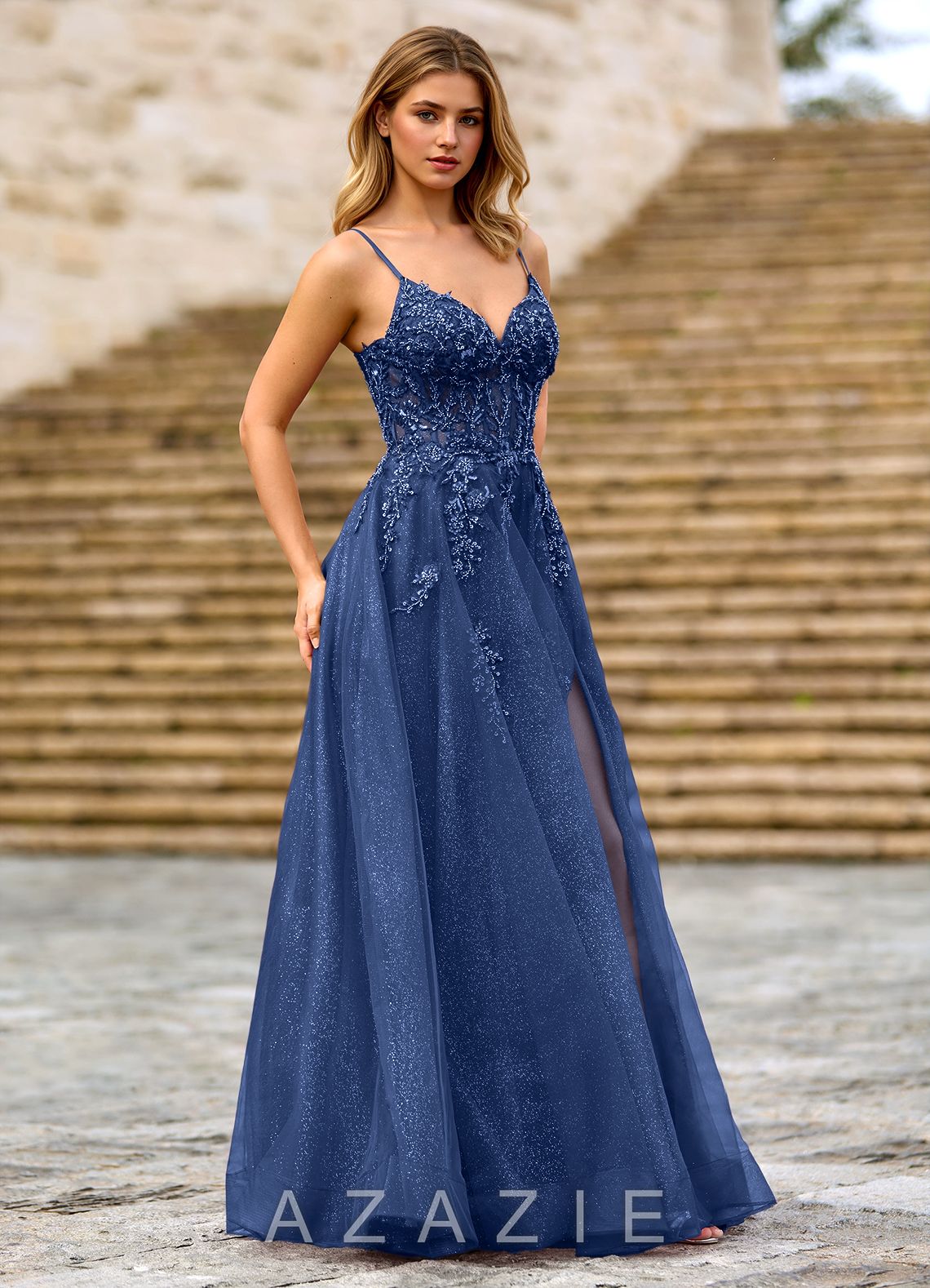 Milliener Navy Tulle Flowers Prom Dress  navy